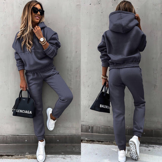 Women's Casual 2-Piece Tracksuit, Solid Color Hooded Sweatshirt And Slim Fit Jogger Pants For Autumn And Winter