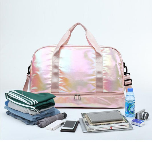 Iridescent Pearl Gym Bag ,Holographic Shiny Sports Duffel With Separate Shoe Compartment,Large Capacity Yoga Bag With Wet Dry Separation ,Trendy Travel Weekender Bag For Women