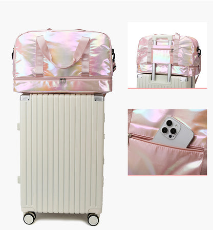 Iridescent Pearl Gym Bag ,Holographic Shiny Sports Duffel With Separate Shoe Compartment,Large Capacity Yoga Bag With Wet Dry Separation ,Trendy Travel Weekender Bag For Women