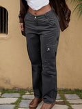 Retro Slim Fit Elastic Workwear Jeans - Trendy Street Style, Multifunctional Pocket Design, Built-in Zipper Closure And All Season Comfort, Machine Washable Casual Pants For Women