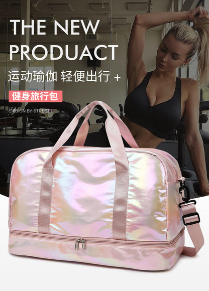 Iridescent Pearl Gym Bag ,Holographic Shiny Sports Duffel With Separate Shoe Compartment,Large Capacity Yoga Bag With Wet Dry Separation ,Trendy Travel Weekender Bag For Women