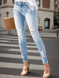 Women's Fashionable Tight-fitting Stretch Ripped Plus-sized Jeans, Natural-color Washed High-waisted Jeans, Suitable For All Kinds Of Outfits, Festival Event Gifts, Women's Plus-sized Denim Clothing