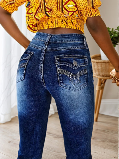 Slim Fit Elastic Washed Blue Casual Style Zipper Buckle Jeans, Women’s Denim Jeans