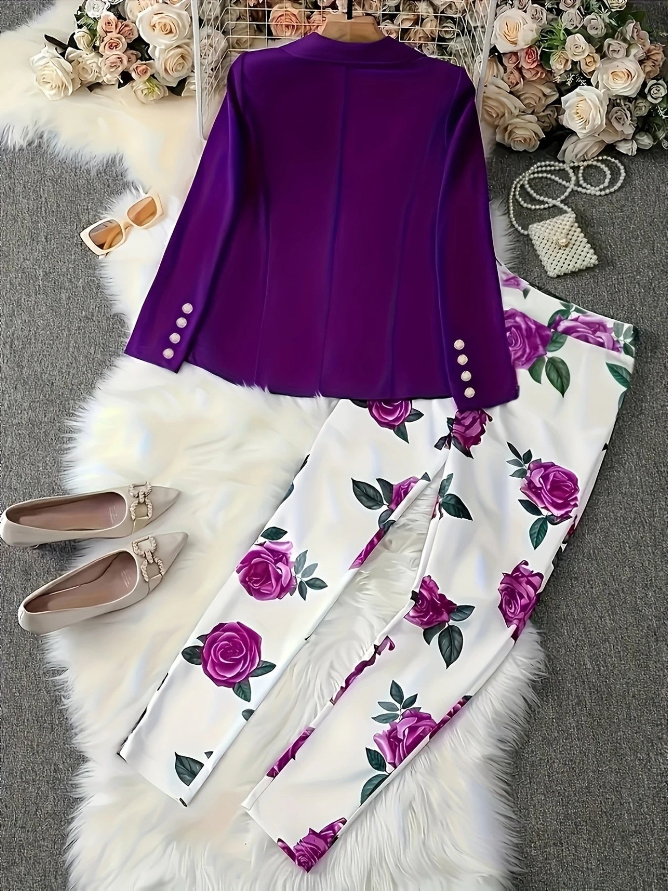 New Elegant And Fashionable Casual Floral Print Set, Double Breasted Purple Suit Jacket And Floral Print High Waisted Slim Pants, Spring And Autumn Women’s Clothing