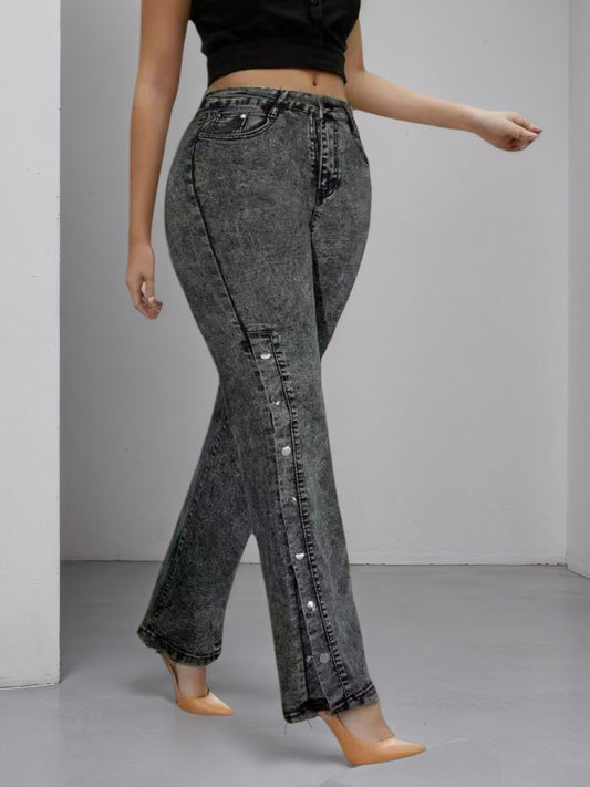 High Waisted Slightly Flared Jeans With Side Buckles, Classic Graphite Color, Comfortable Fit, Essential For Going Out.