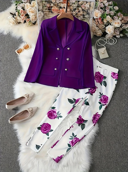 New Elegant And Fashionable Casual Floral Print Set, Double Breasted Purple Suit Jacket And Floral Print High Waisted Slim Pants, Spring And Autumn Women’s Clothing