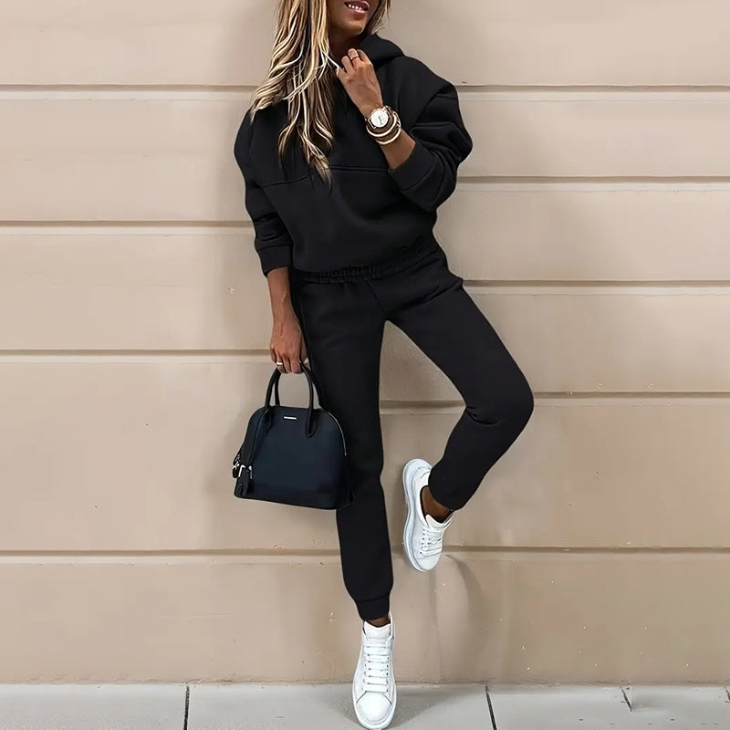 Women's Casual 2-Piece Tracksuit, Solid Color Hooded Sweatshirt And Slim Fit Jogger Pants For Autumn And Winter