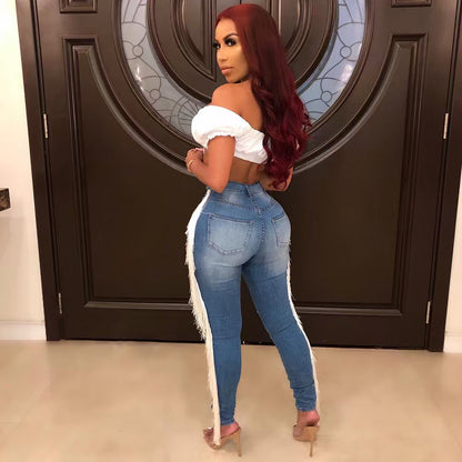 Ladies' Ripped Tassel Jeans, Fashionable And Personalized Street Style Denim Pants, Pencil Pants, And Leggings